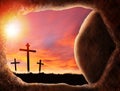 Easter Concept of Jesus Resurrection Showing Empty Tomb With Crucifixion At Sunrise Royalty Free Stock Photo