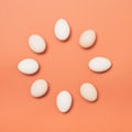 easter concept made with eggs in circle on brown orange background . Minimal food concept