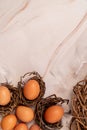 Easter eggs in nests top view on marble background Royalty Free Stock Photo