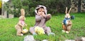 One year baby boy playing on the grass in rabbit suit Royalty Free Stock Photo