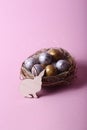 Easter concept - rabbit in a nest with chocolate eggs against pink background Royalty Free Stock Photo