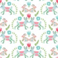 Easter concept seamless pattern. Cute folk rabbits in flowers. Seamless pattern.