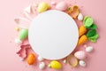 Top view photo of white circle colorful easter eggs bunny ears backing molds carrots and sprinkles on isolated pastel pink