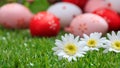 Easter concept. White daisies on green grass, blurred easter eggs background. Selective focus on the flowers Royalty Free Stock Photo