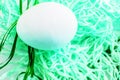 Easter concept, white egg on neon green background, woven fabric nest, top view, copy space, modern design Royalty Free Stock Photo