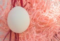 Easter concept, white egg on pink background, woven fabric nest, top view, copy space, sunlight Royalty Free Stock Photo