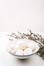 Easter concept. White eggs in bowl, and goat willow branches. Royalty Free Stock Photo