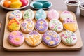 Easter cookies decorated with colorful patterns on a wooden board, close up Royalty Free Stock Photo