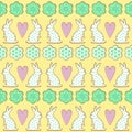 Easter cookies pattern, card - Easter bunny, flowers, hearts on yellow background.