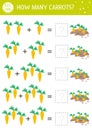 Easter counting game with carrots. Holiday activity for preschool children with garden theme. Educational spring printable math