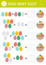 Easter counting game with colored eggs and basket. Holiday activity for preschool children. Educational spring printable math