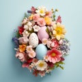 Easter creative composition with Easter eggs and spring flowers