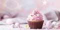 Easter cupcake with pink wrapped cream and Easter eggs for festive party Generative AI Royalty Free Stock Photo