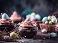 Easter cupcakes with chocolate frosting and eggs. Selective focus.