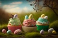 Easter cupcakes with colourful eggs with meadow on background. Generative ai