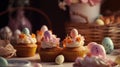 Easter cupcakes decorated with flowers and eggs on a wooden table