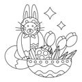 Easter cute cat with rabbit ears and a plate with Easter eggs and flowers, tulips. Line art