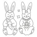 Easter cute hare, rabbit, boy and girl with egg and carrot. Line art Royalty Free Stock Photo