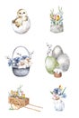 Easter cute set Hand drawn cartoon watercolor isolated with chick, egg, flowers, basket on white background