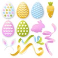 Easter 3d paper cut eggs, ribbons, rabbit set. Vector holiday craft handmade design elements on white background