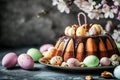 An Easter dark chocolate ring cake adorned with almonds and nuts Royalty Free Stock Photo