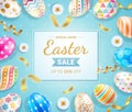 Easter day banners template easter eggs with ribbon and daisies flower on blue color background. Vector illustrations Royalty Free Stock Photo