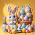 Easter day and cute cartoon grey bunny with wicker basket and colorful eggs on yellow plain background Royalty Free Stock Photo