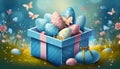 Easter day design. Realistic blue gifts boxes. Open gift box full of decorative festive object Royalty Free Stock Photo