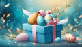 Easter day design. Realistic blue gifts boxes. Open gift box full of decorative festive object Royalty Free Stock Photo