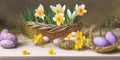 AI generated image of Easter decked table with daffodils in a braided basket surrounded by Easter eggs