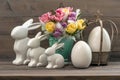 Easter deco with tulips, eggs and rabbits