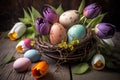 Easter decor composition with colored pockmarked eggs in bird nest and colorful tulips around on wooden table.