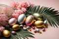 Easter decor of golden and silver eggs with palm branches in various shades on a simple background