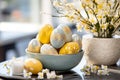 Easter decor with painted eggs in blue and yellow colors Royalty Free Stock Photo