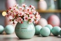 Easter decor with painted mint eggs and pink flowers Royalty Free Stock Photo
