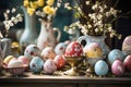 Easter decor with painted pink, blue, red and yellow eggs in interior Royalty Free Stock Photo