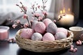 Easter decor with painted pink eggs and pink flowers Royalty Free Stock Photo