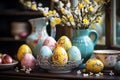 Easter decor with painted yellow, blue and pink eggs in interior Royalty Free Stock Photo