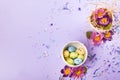 Easter decor in pastel colors. Easter eggs, candy, sweets, flowers and eggshells. Royalty Free Stock Photo