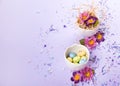 Easter decor in pastel colors. Easter eggs, candy, sweets, flowers and eggshells. Royalty Free Stock Photo