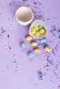 Easter decor in pastel colors. Easter eggs, candy, sweets, flowers and eggshells. Royalty Free Stock Photo