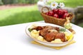 Easter decorated table with lamb and potatos plate Royalty Free Stock Photo