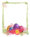 Easter Eggs and Spring Flowers Vignette with Green Foggy Frame.