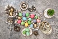 Easter decoration colored eggs and birds feather Royalty Free Stock Photo