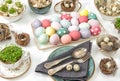 Easter decoration colored eggs Festive table place setting Royalty Free Stock Photo