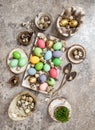 Easter decoration colored eggs Holidays background Royalty Free Stock Photo