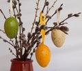 Easter decoration with colored eggs and willow twigs Royalty Free Stock Photo