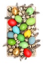 Easter decoration colorful eggs Festive flat lay