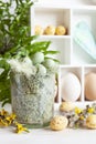 Easter decoration Easter eggs in the nest, chicken eggs, spring flowers and feathers in the glass vase