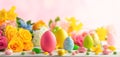 Easter decoration with Easter eggs and spring flowers on white wooden table. Easter concept Royalty Free Stock Photo